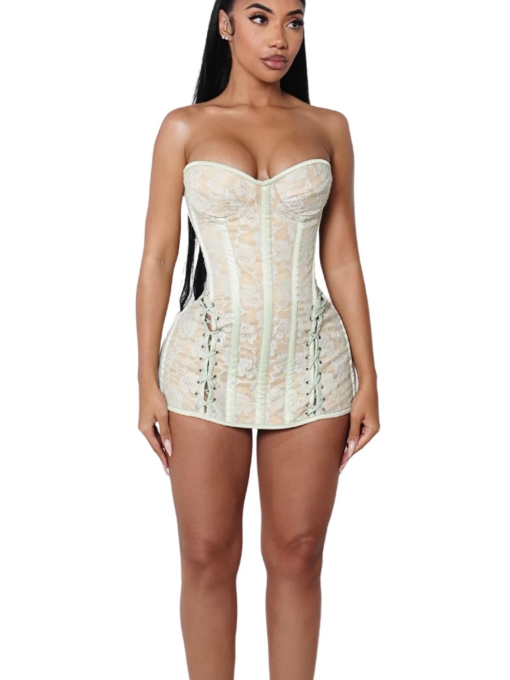 Strapless Lace Corset Mini Dress in Ivory-Cream
